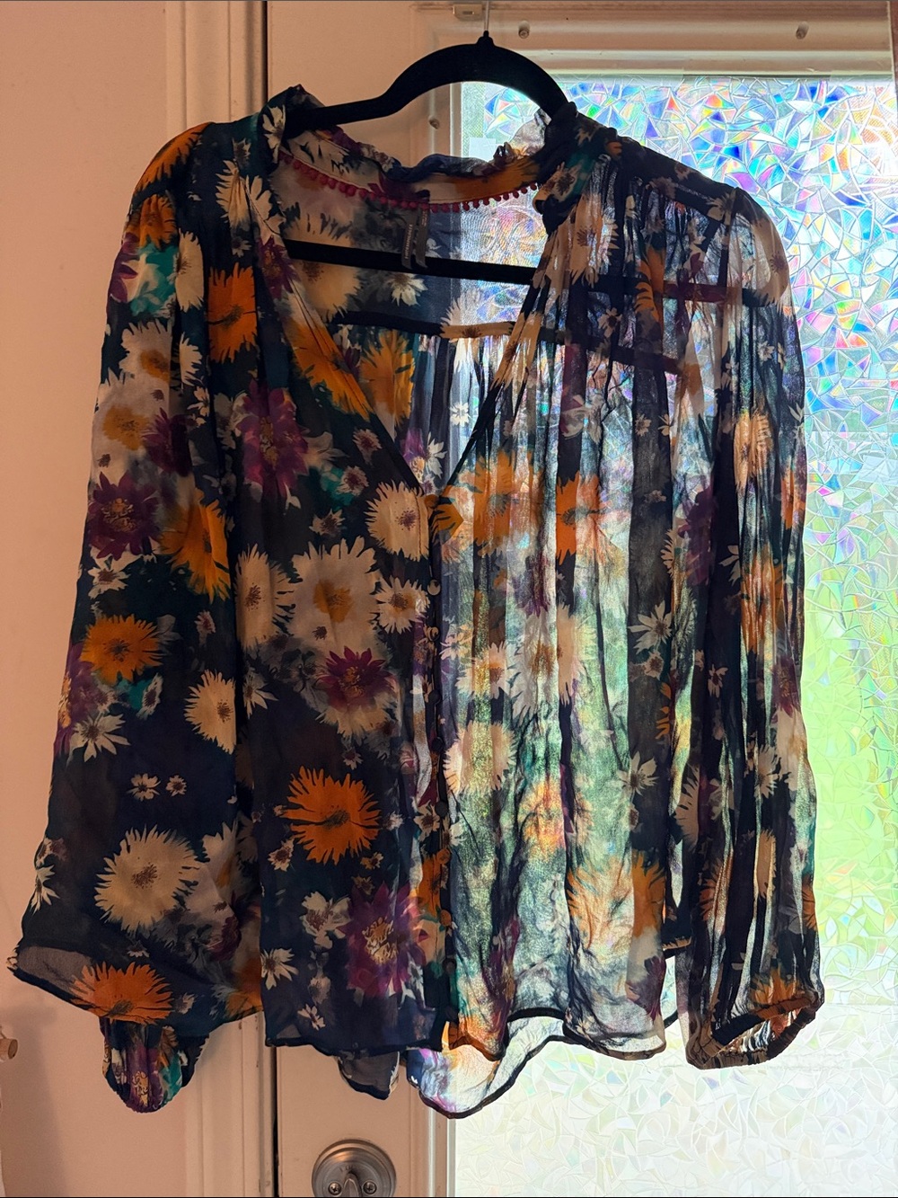 Anthropologie Navy Sheer Floral Ruffle Blouse with Yellow & Purple Flowers